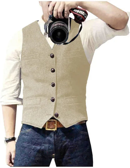 Men's Waistcoat Herringbone Wool Blend V-Neck Single Breasted Vest for Weddings and Smart Casual