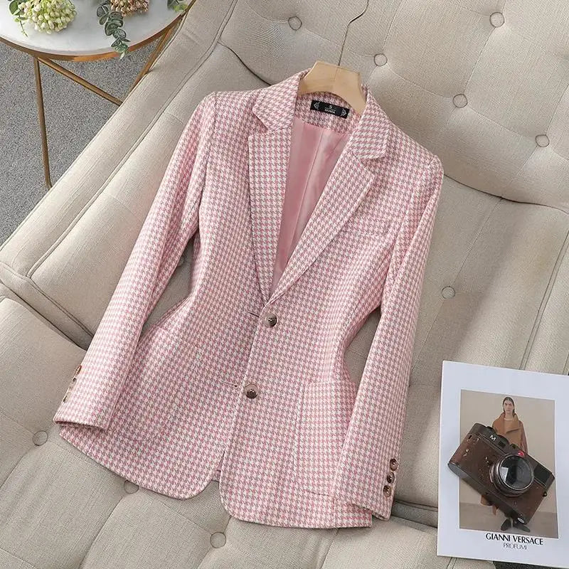 Women Office Ladies Single Breasted Slim Blazer Coat Autumn Winter Fashion Plaid Temperament Long Sleeved Elegant Tops Vacation