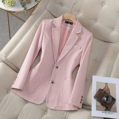 Women Office Ladies Single Breasted Slim Blazer Coat Autumn Winter Fashion Plaid Temperament Long Sleeved Elegant Tops Vacation