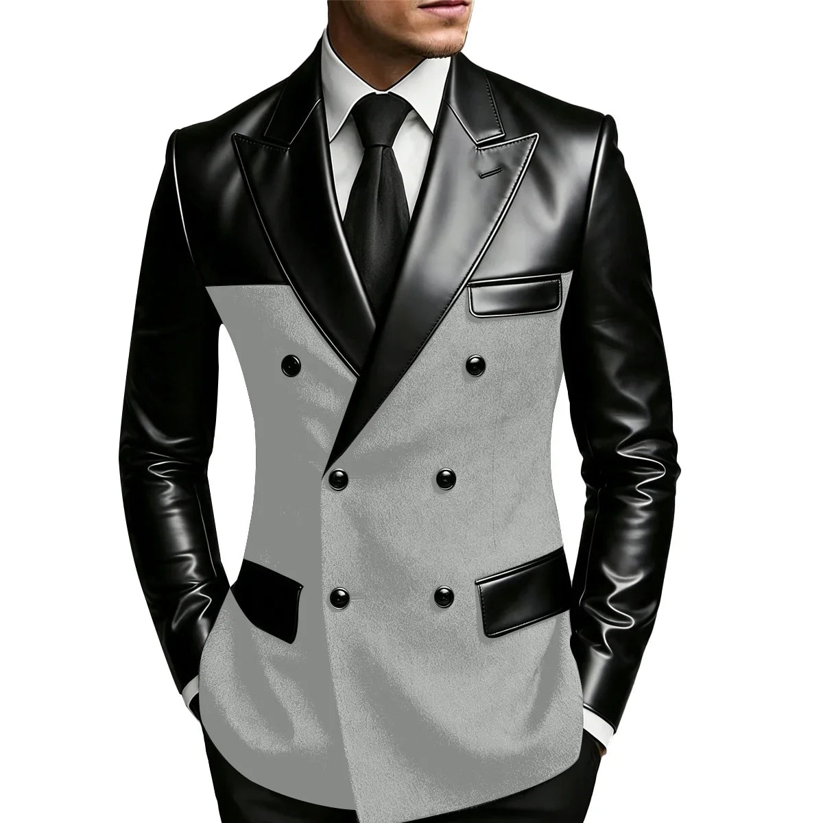 Men's Double Breasted Suit Blazer with Leather Patchwork for Weddings and Formal Events