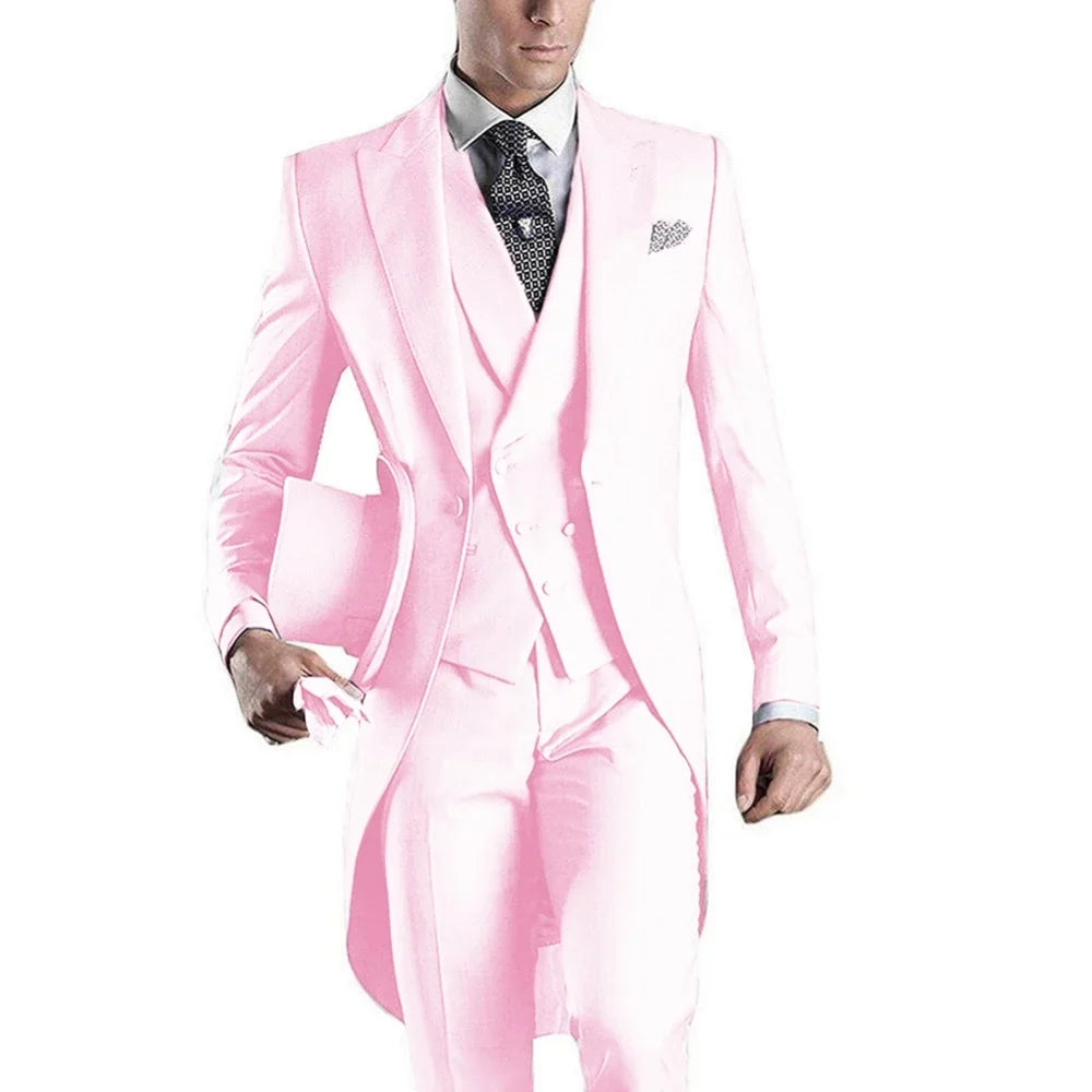 Men's Monochromatic Tuxedo Set Business Smoking Wedding Dress Blazer Jacket Vest Pants 3-Piece Suit for Formal Occasions