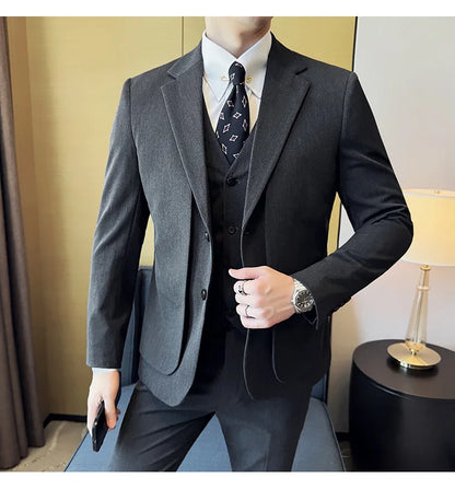 British Style Fake Two-piece Suit Set Men's Wedding Groom Dress 3 Piece Set Suit Vest Trousers Slim Office Business Casual Suits