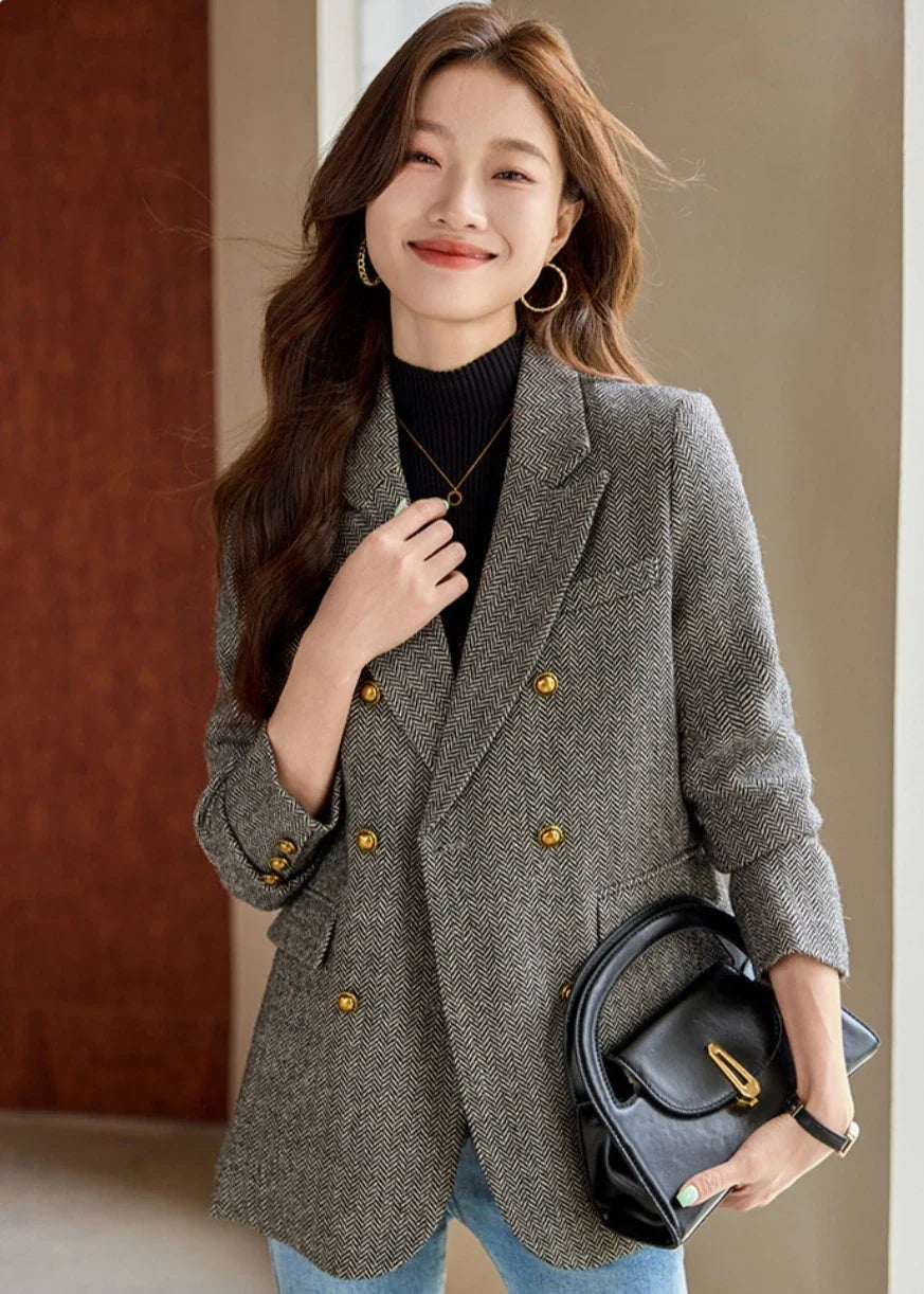 Fashion Grey Blazer Women Coffee Long Sleeve Casual Jacket for Autumn Winter Female Coats Double-Breasted Suit Women’s Clothing