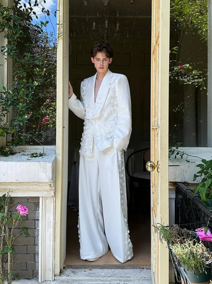 Mens Spliced Flowers Suit Jacket Wide Leg Pants Two Piece Set Loose Fit Spring Summer Designer Elegant Fashion Banquet Suits Set