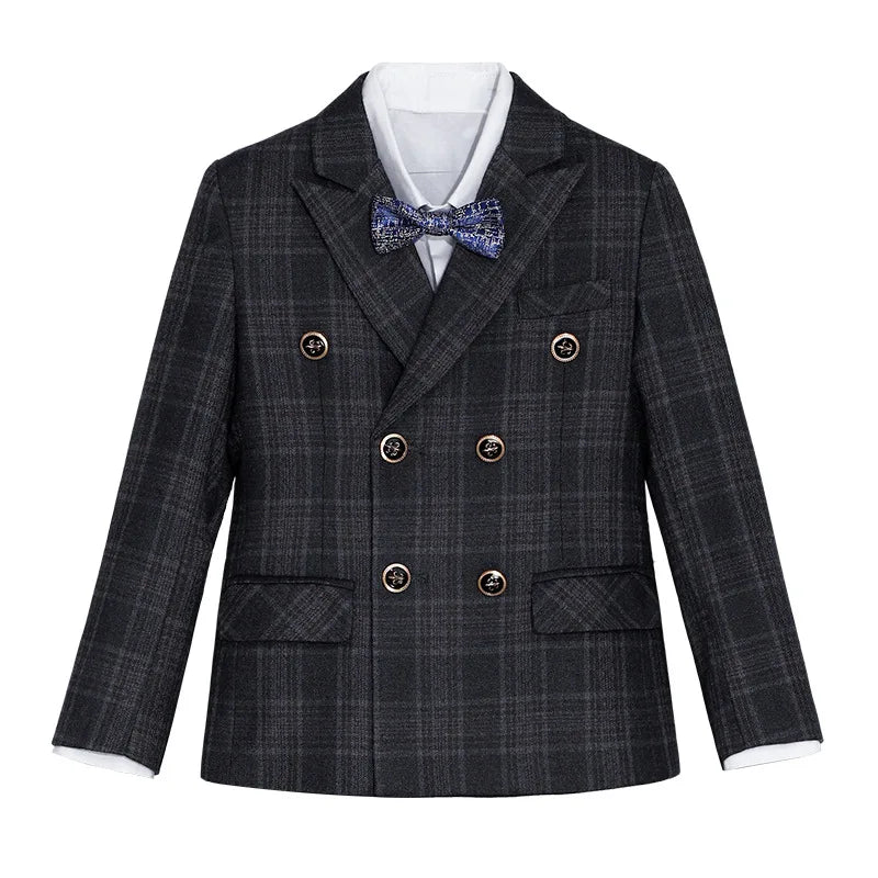 kids Gray Plaid Suit Set Flower Boys Wedding Outfit Children's 4Pieces Formal Wear With Jacket Vest Pants Bowtie