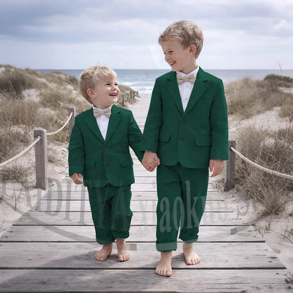 Beige Linen 2 Pieces Boys Suit Jacket Pants Kids Ring Bearer Outfit Breathable Summer Beach Wedding Birthday Party Costume