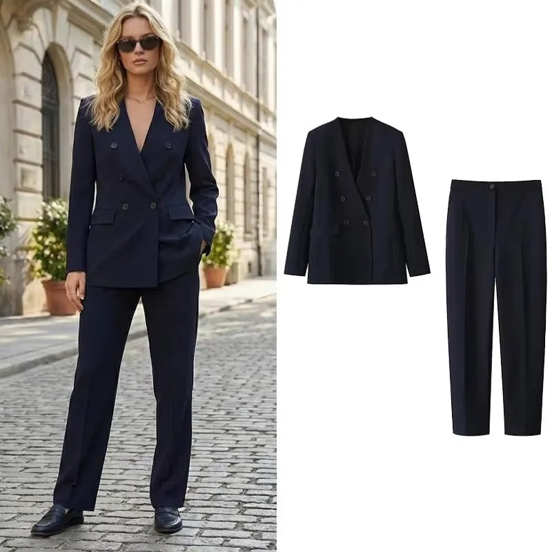 Women's 2 Piece Set Fashionable Long Sleeve Navy Blue Collar V-neck Suit Coat Straight Pants Suit New Matching Sets Office Lady