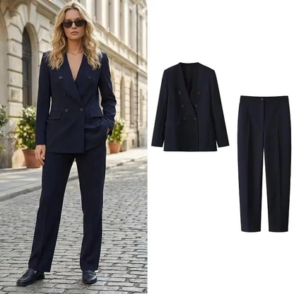 Women's 2 Piece Set Fashionable Long Sleeve Navy Blue Collar V-neck Suit Coat Straight Pants Suit New Matching Sets Office Lady