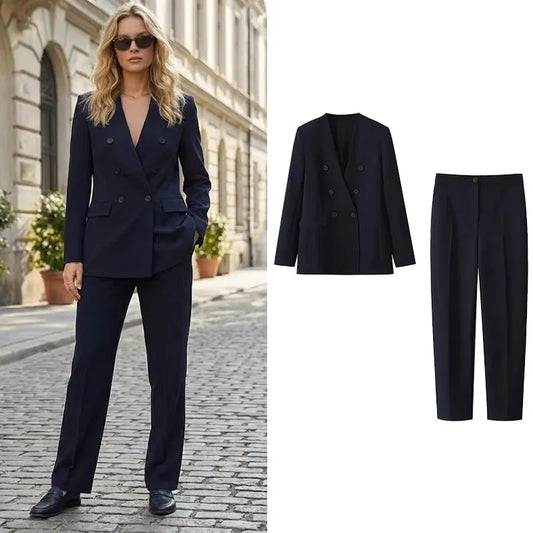 Women's 2 Piece Set Fashionable Long Sleeve Navy Blue Collar V-neck Suit Coat Straight Pants Suit New Matching Sets Office Lady