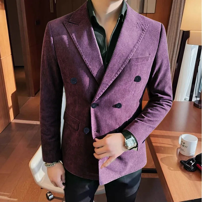 Autumn Winter Corduroy Suit Jacket Purple Man Suit Coat Solid color Double breasted slim fit Suit Man tops