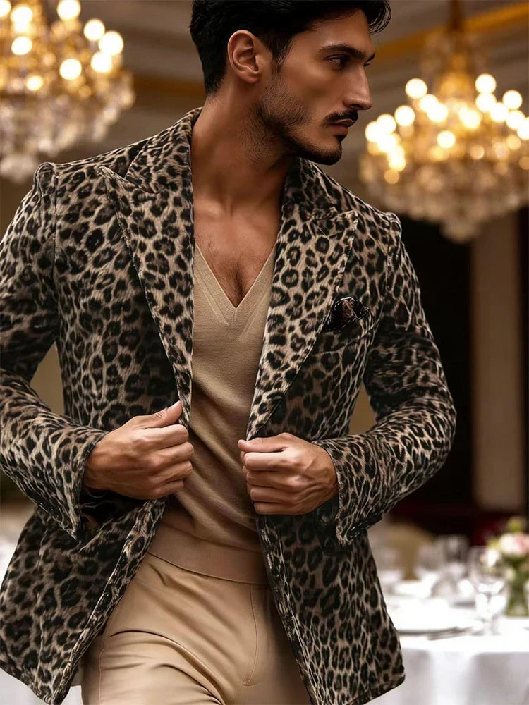Men’s Leopard Print Velvet Blazer Peak Lapel Slim Fit Sport Coat Luxury Vintage Style Jacket for Party Night Out Male Outerwear