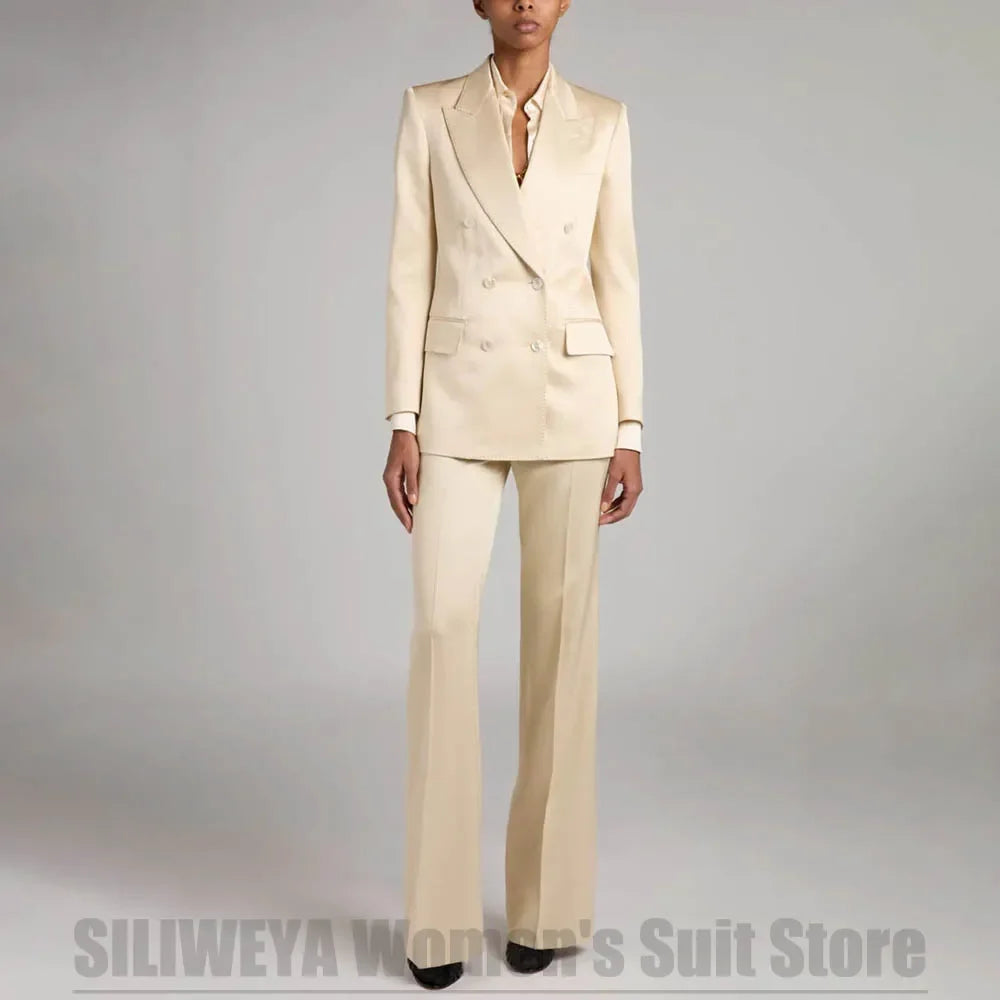 Chic Satin Women's Double Breasted Suit 2 Piece Peak Lapel Formal Outfit for Wedding Prom Business Event Shiny Fabric Suits