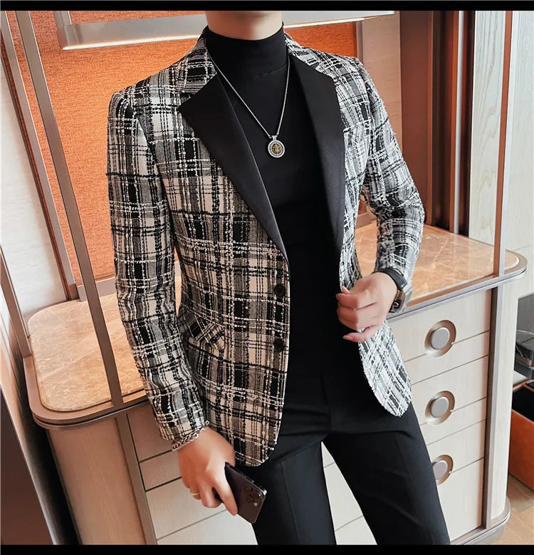 British Style Woven Suit Jacket Men Fashion Plaid Casual Business Blazer Gentleman Versatile Banquet Party Groom Wedding Coats