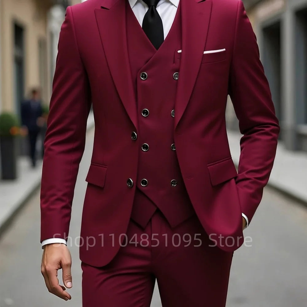 High Quality Men Wedding Suits Fashion Male Business Social Dance Party Dress Peak Lapel Blazers Pants with Vest for Party Prom