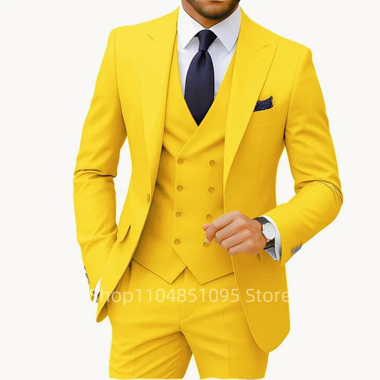 Solid Color Fashion Men Formal Business Suits Wedding Suit Slim Fit Groom Tuxedos 3 Pcs Set Dress Peak Lapel Blazer Vest Pants