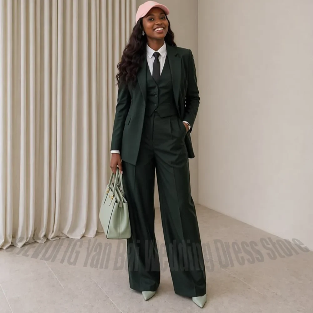Dark Green Women 3 Piece Suit Notched Lapel Blazer Single Casual Solid Color Outfit Business Wedding Interview Formal Suit