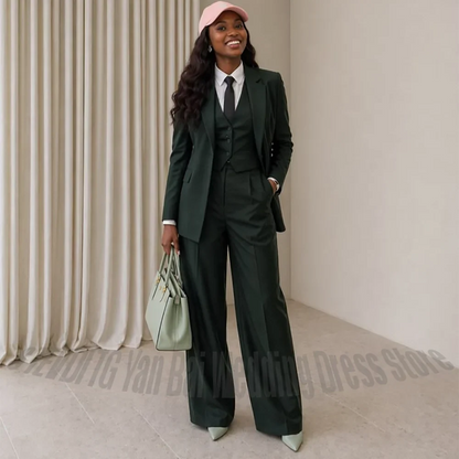 Dark Green Women 3 Piece Suit Notched Lapel Blazer Single Casual Solid Color Outfit Business Wedding Interview Formal Suit