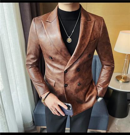 Retro Double Breasted Leather Jacket Mens High-end Fashion Slim Fit business Casual Suit Coat Formal Social Party Prom Tuxedos