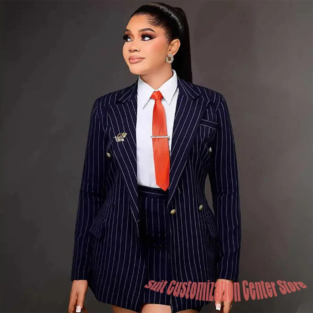 Vintage Peaked Lapel Stripe Women Suits Elegant Blazer+Mini Skirt 2 Pieces Slim Fit Office Lady Wear Customized Set