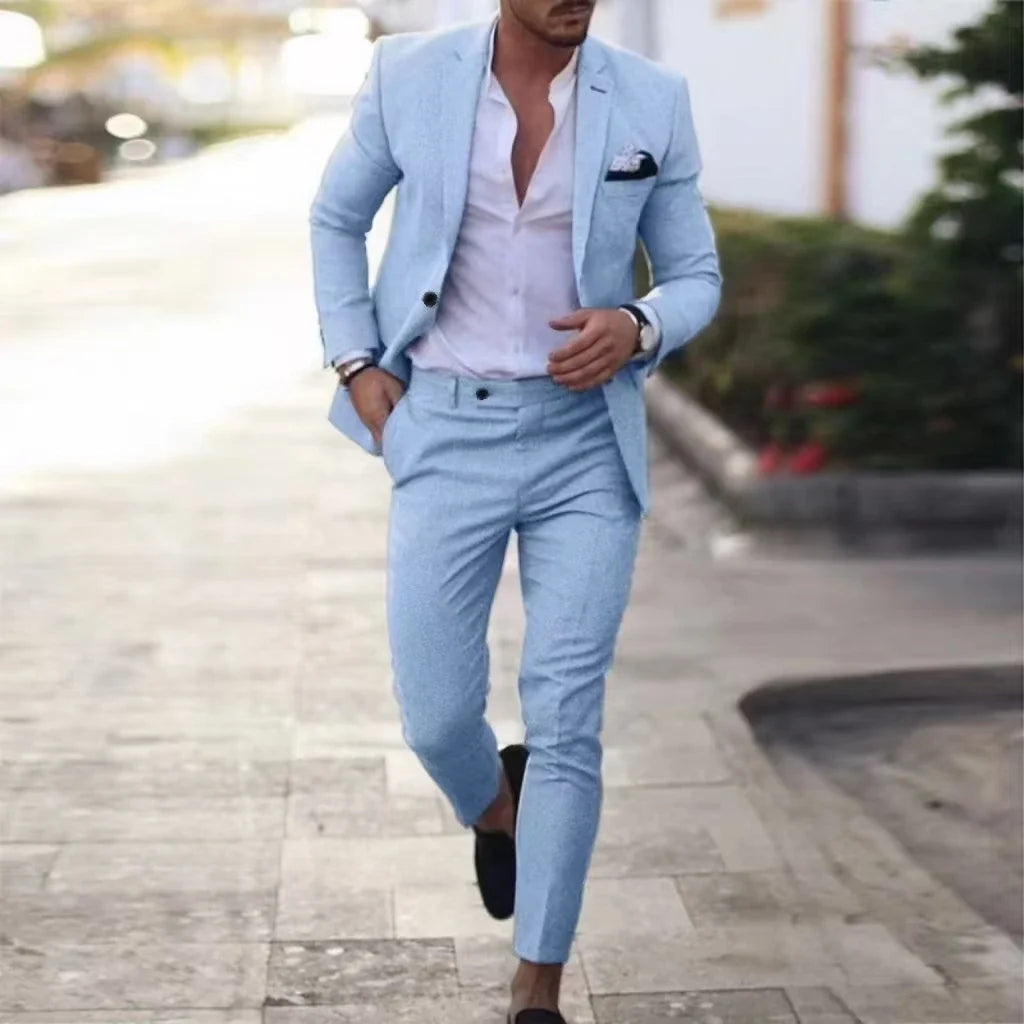 Costume en Lin Homme Robes de Soirée Élégantes Revers Cranté un Bouton Blazer Ajusté Fête de Mariage Plage d'Été Banquet