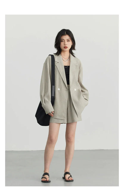 Women's Blazer Solid Casual Long Sleeve Jacket Texture Thin Suit Coat Shorts Office Lady Tops 2023 Summer New Fashion