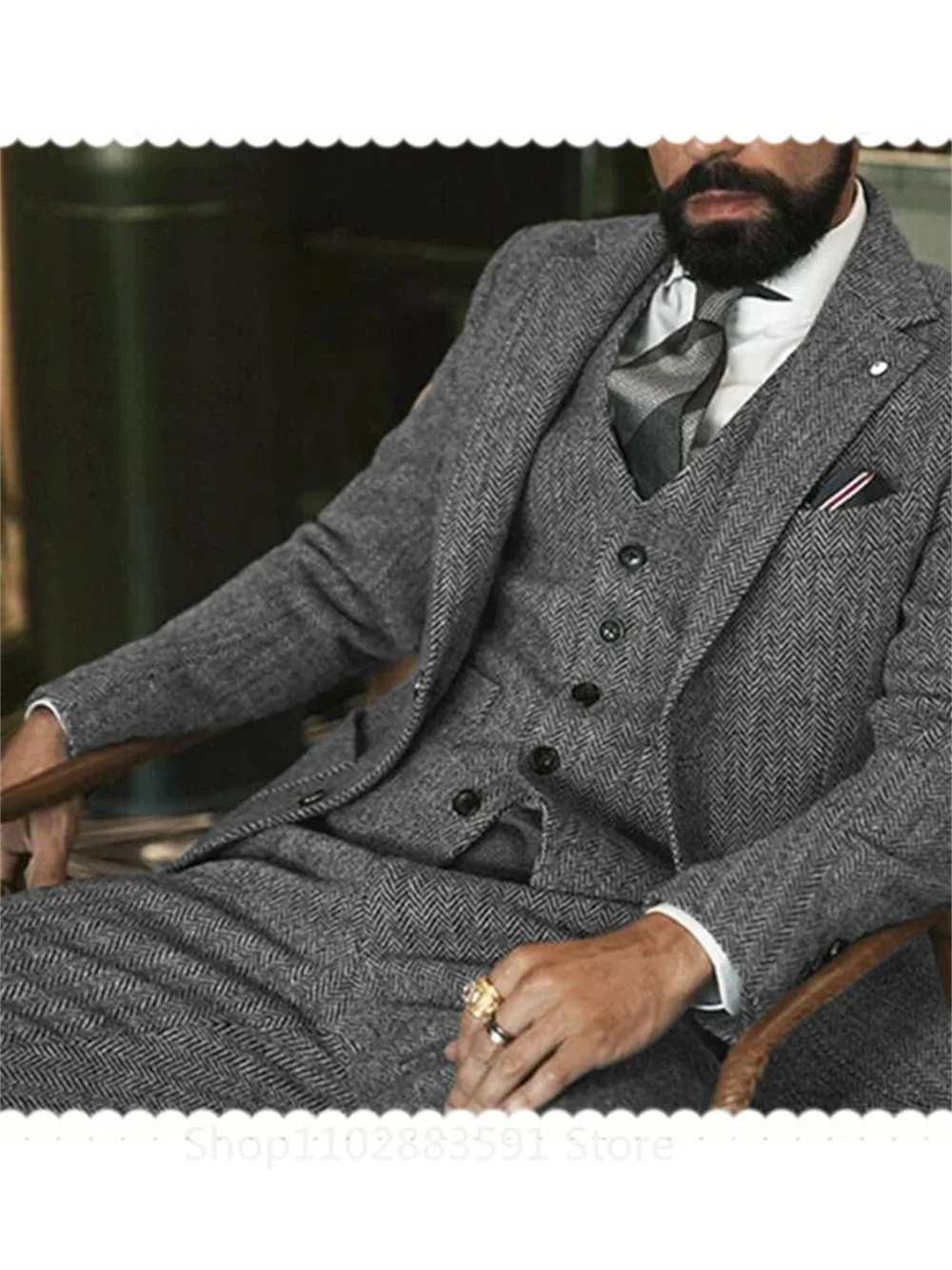 Costume de mariage 3 pièces homme (Veste + Gilet + Pantalon) en tweed de laine gris - Motif chevrons, formel, pour marié
