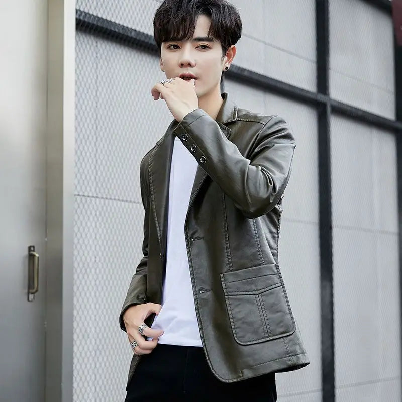 Men's Faux Leather Blazer Jacket Autumn Winter Warm Fleece Lined Casual Versatile Outerwear