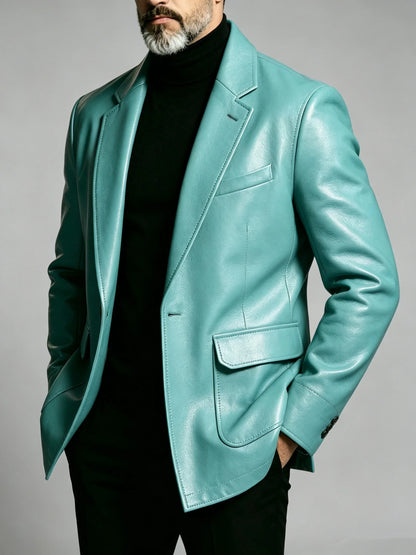 Men's PU Leather Blazer Single Breasted Slim Fit Notched Collar Suit Jacket Motorcycle Sport Coat For Formal Business Party