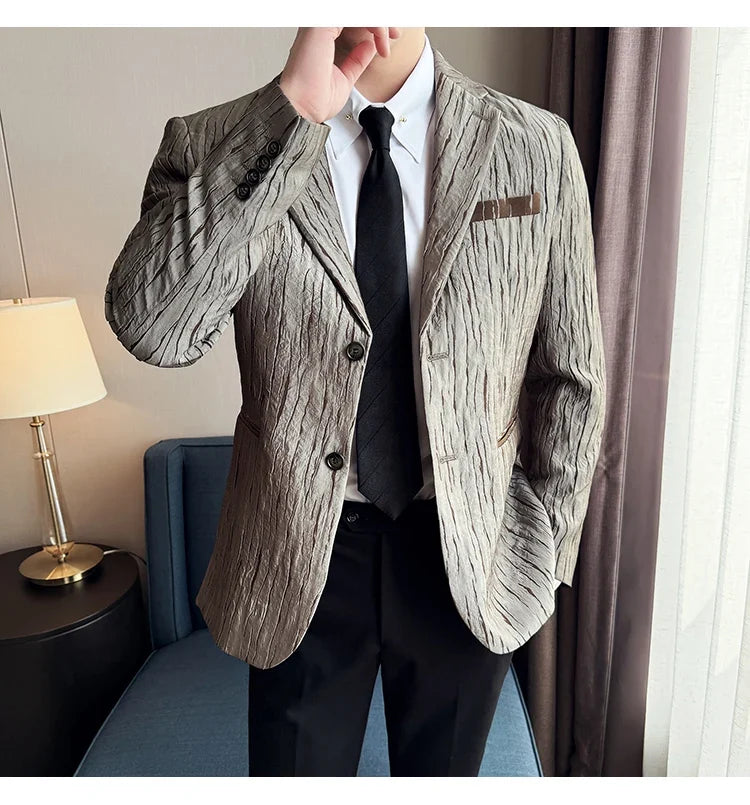 Korean Trend 3D Pleated Suit Jacket for Men Wedding Groom Business Dress Jacket Casual Banquet Party Host Blazer Masculino