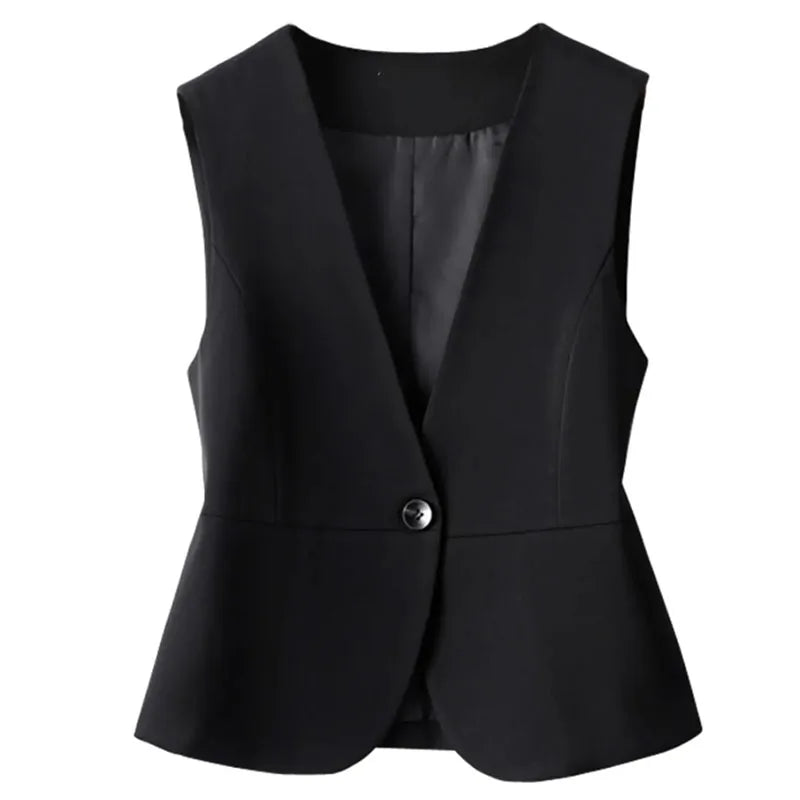 Korean Women Short Blazer Sleeveless Outwear Spring Autumn Female Suit Vest Jacket Ladies V-neck Lined Waistcoat Coat   ﻿