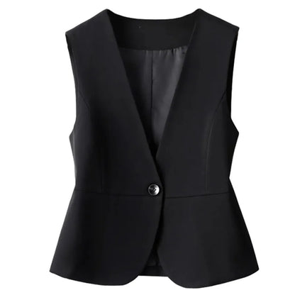 Korean Women Short Blazer Sleeveless Outwear Spring Autumn Female Suit Vest Jacket Ladies V-neck Lined Waistcoat Coat   ﻿