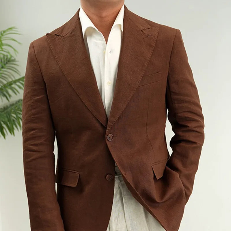 Men Retro Linen Suit Set Notched Collar Thin Business Casual Blazers Two Piece Set Lace Up Long Pant Full Length Trousers Outfit