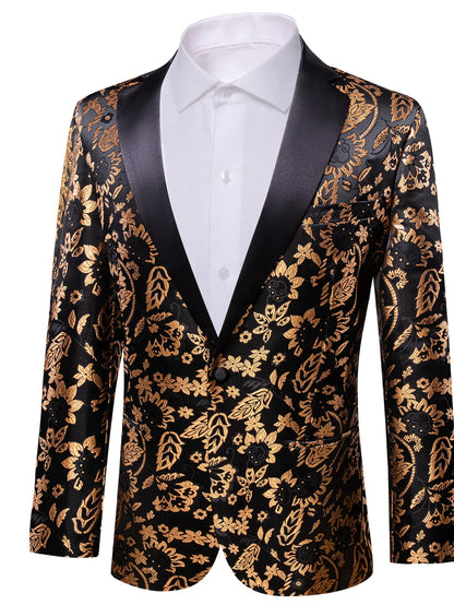 Gold Sunflower Pattern Jacquard Men Tuxedo Blazer, Black Satin Shawl Lapel Single Button Suit Jacket Formal Party Wear