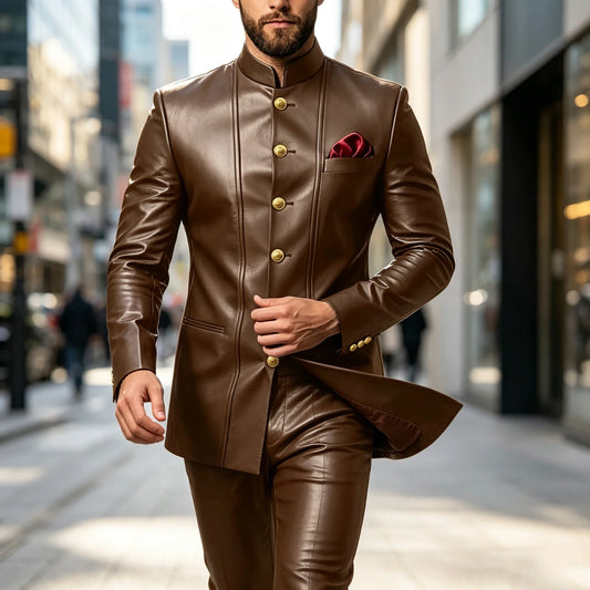 Men's PU Leather 2-Piece Suit – Stand Collar Slim Fit Blazer and Pants for Business and Formal Occasions