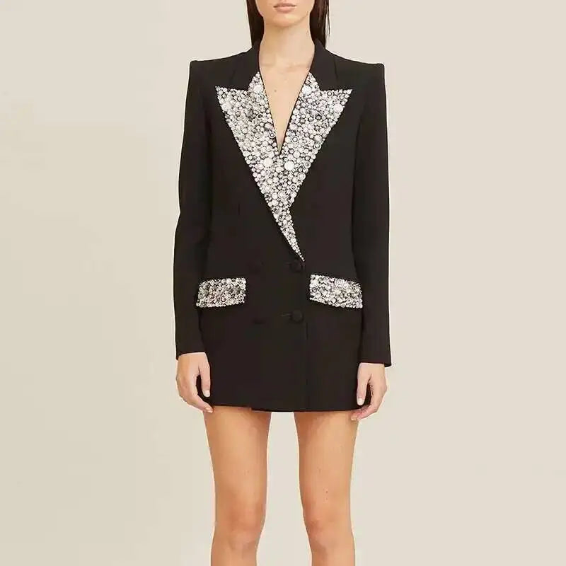 Trendy Fashion Women's Tide Handmade Gorgeous Blazer Heavy Industry Nail Bead Inlaid Diamond Slim Medium Length Coats H2699