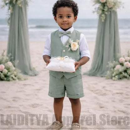 Chic Linen Boys Vest Shorts Suit Kids Beach Wedding Page Boy Outfit Summer Formal Birthday Gentleman Short Pants Set 2 Piece