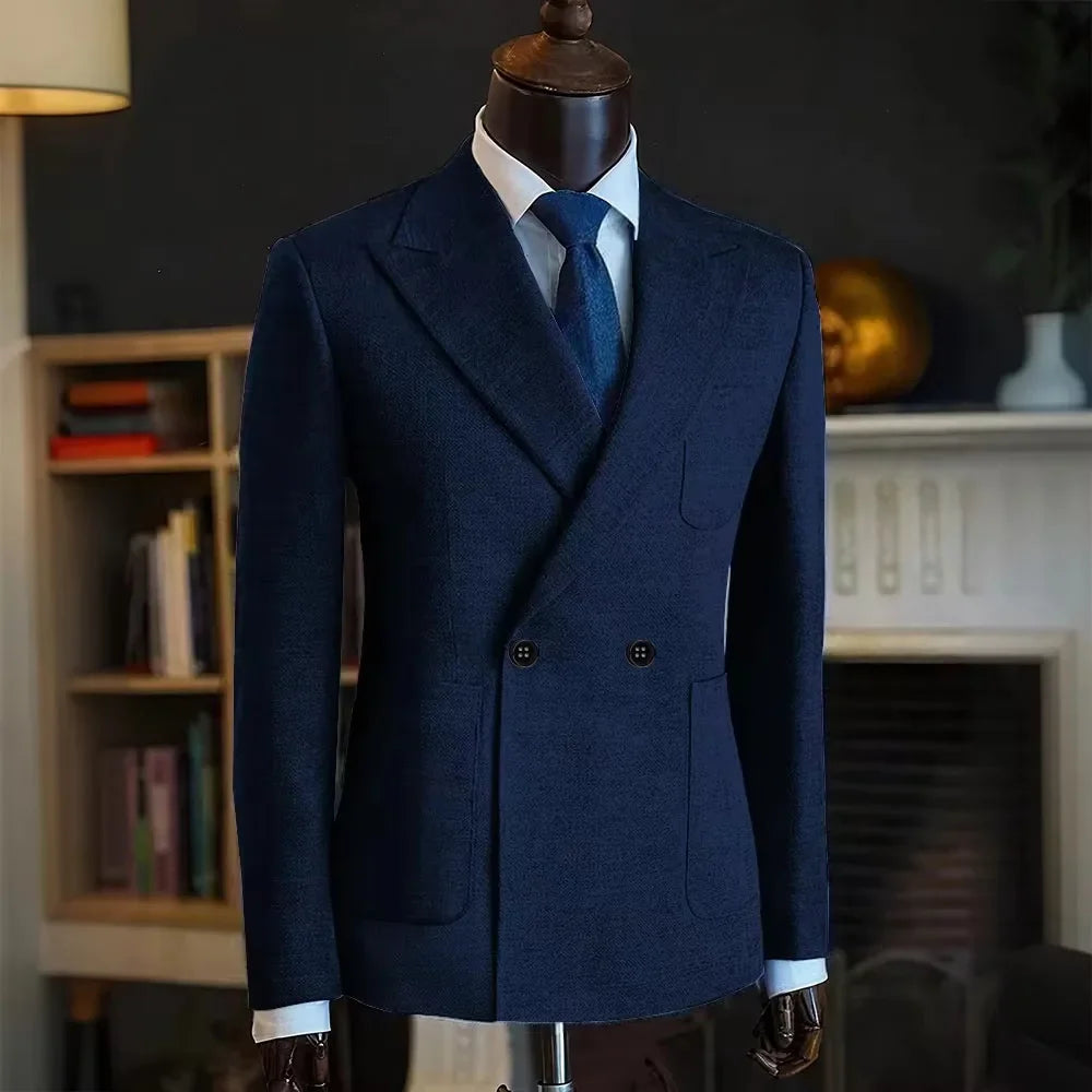 Classic Men Linen Blend Suit Blazer Double Breasted Peak Lapel Man Formal Jacket  Business Slim Fit Lightweight Coat For Wedding
