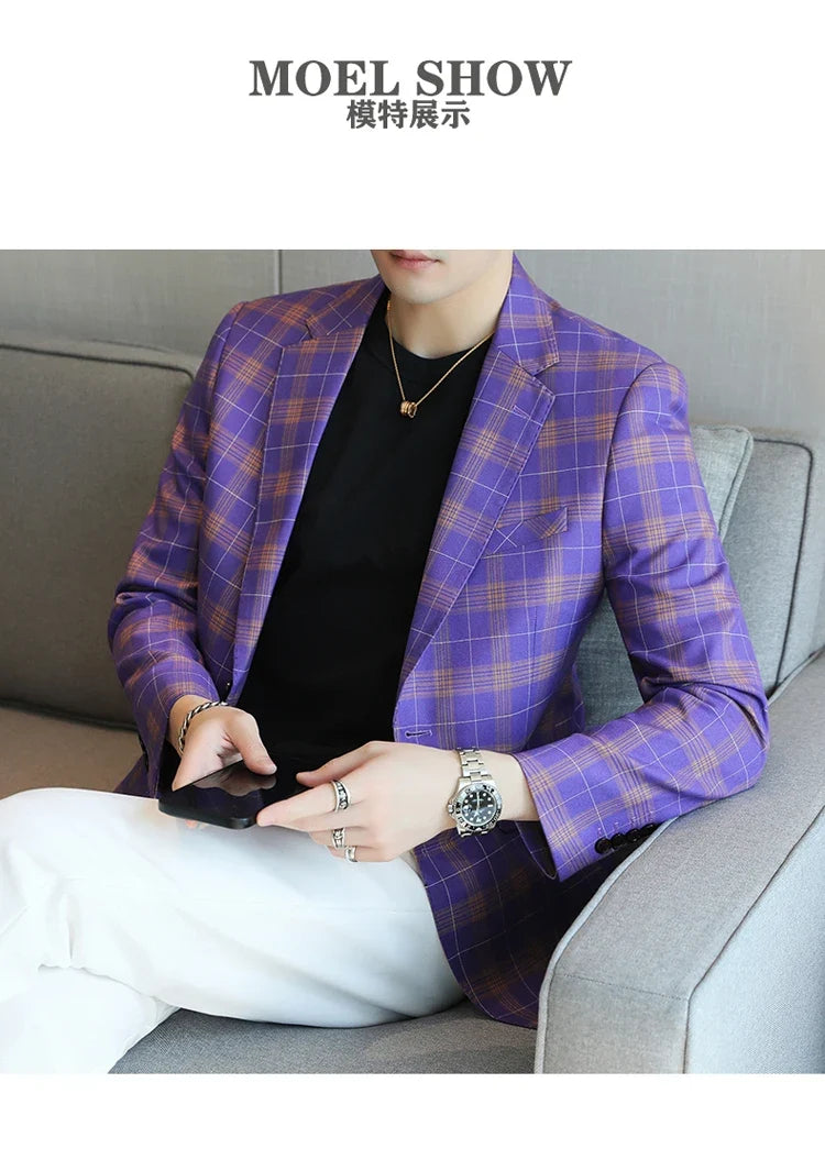 Checkered Suit Jacket for Men Single Breasted Casual Business Blazers Slim Fit Social Office Banquet Host Wedding Dress Jackets