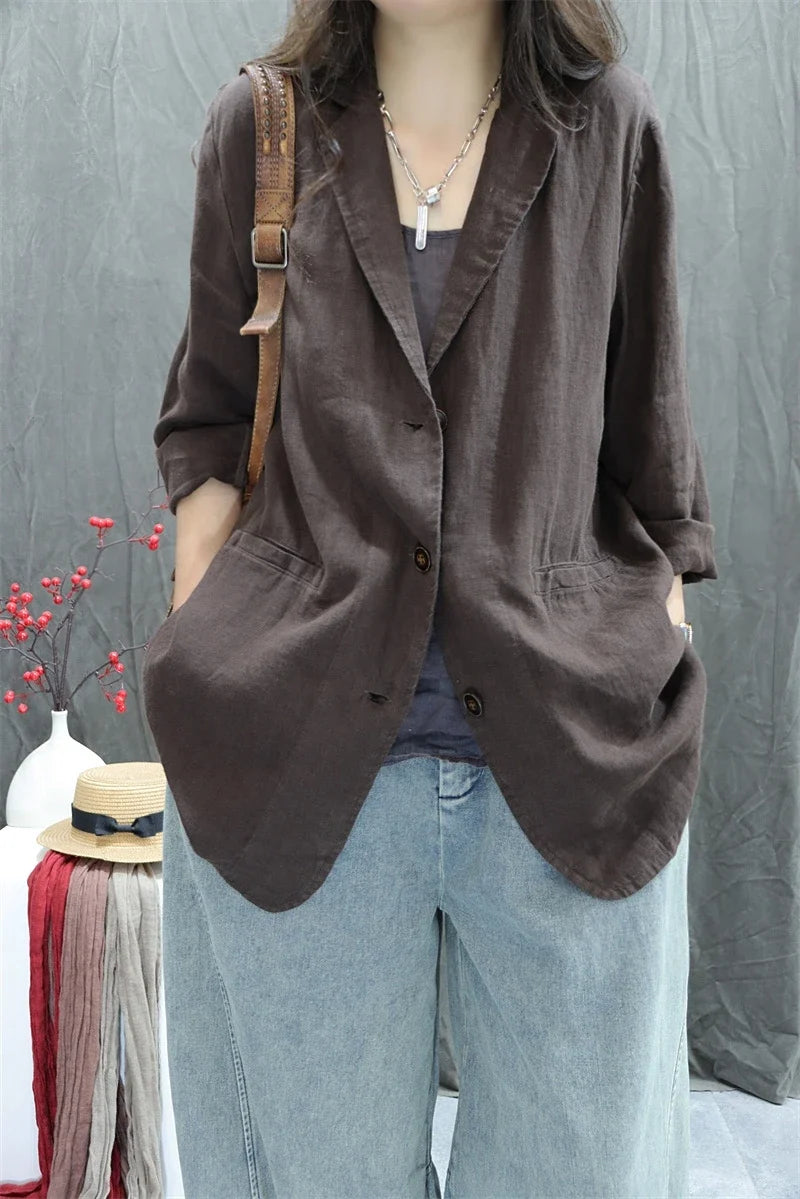 2026 Autumn New Style Women's Casual Pure Color Linen Long Sleeve Retro Fashionable Versatile Suiting Jacket Classic All-Match