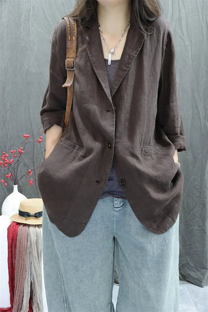 2026 Autumn New Style Women's Casual Pure Color Linen Long Sleeve Retro Fashionable Versatile Suiting Jacket Classic All-Match