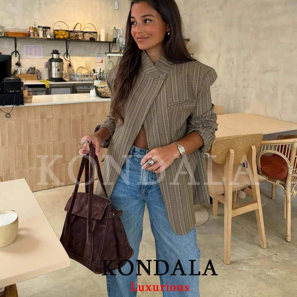 Office Lady Chic Plaid Women Blazer Single Button Front Split Oversize Blazer Fashion 2026 Spring Summer Office Lady Top