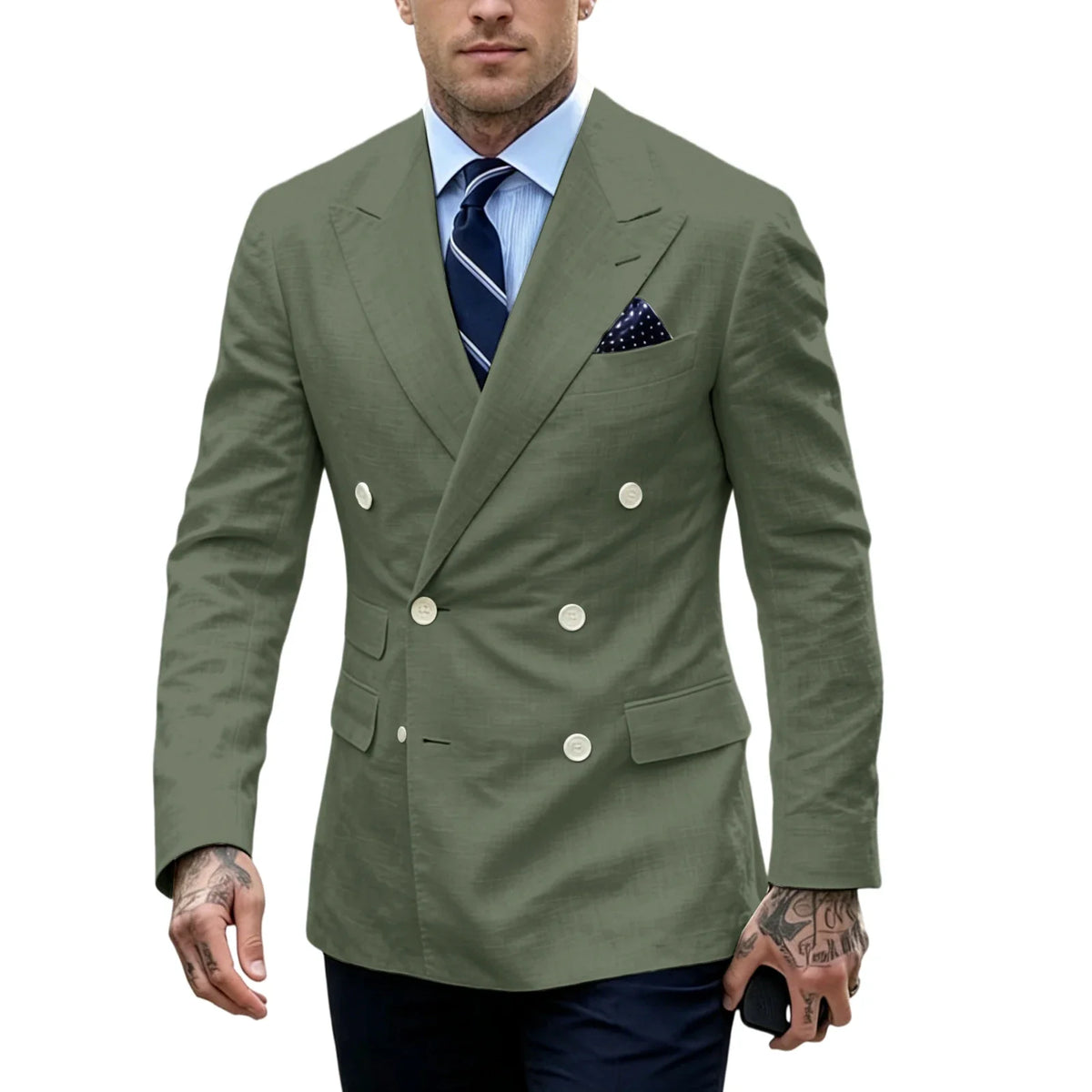 Men's Double Breasted Blazer Slim Fit Linen Suit Jacket Formal Business Casual Tuxedo for Wedding Prom Office Party Daily Wear