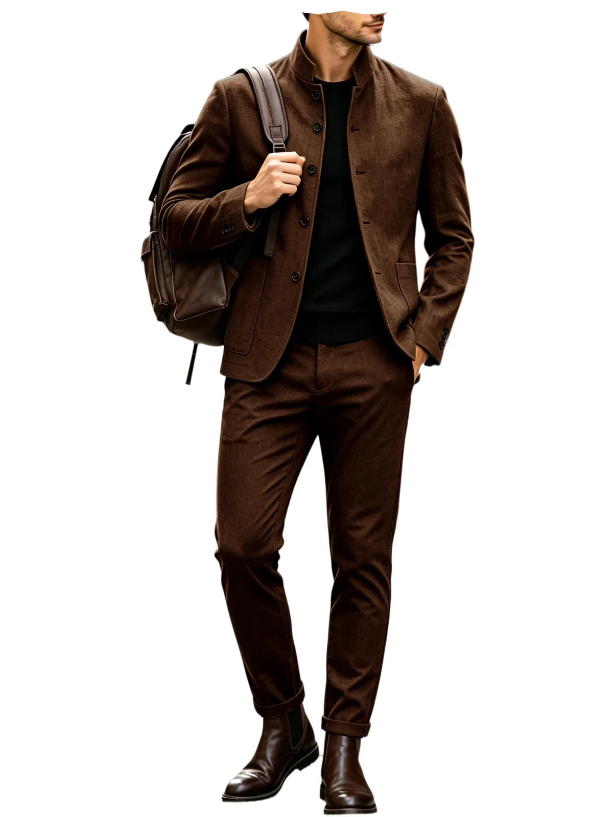 Men Stand Collar Linen Blazer Set Slim Fit 2 Pieces Jacket Pants Breathable Wrinkle‑Resistant Vintage Casual Business Outerwear