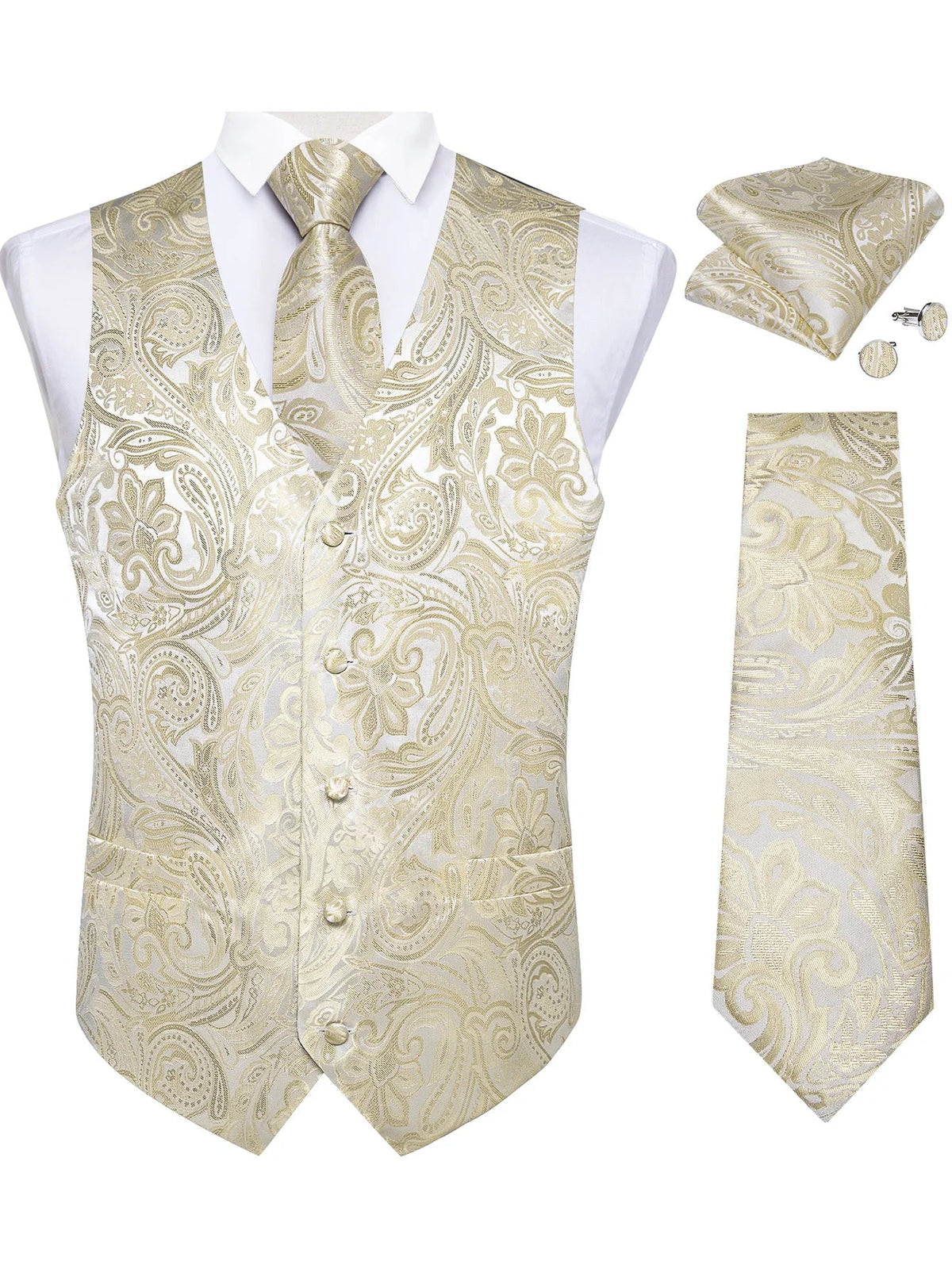 Men's Suit Vest & Tie Set – Champagne Golden Paisley Formal Waistcoat for Weddings & Business Events