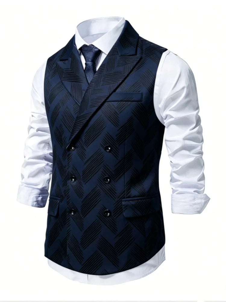 Mens Suit Vest Double Breasted Business Formal Dress Waistcoat V Neck Geometric Jacquard Slim Fit Formal Vest