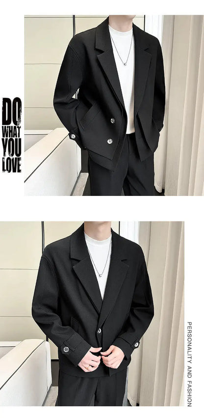 2025 Spring New Fake Two Piece Suit Collar Jacket Men Korean Trend Casual Business Blazers Loose Street Wear Social Jacket