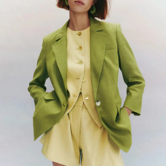 Youthful Women 3 Pieces Suit Set Green Blazer+Vest+High Waist Shorts Formal Office Business Fashion Party Matching Outfit