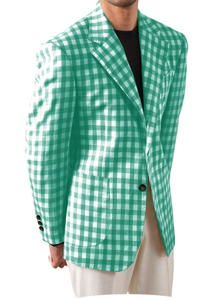 Men's Checkered Cotton Blazer Notched Lapel Single-Breasted Casual Business Summer Sport Coat with Patch Pockets
