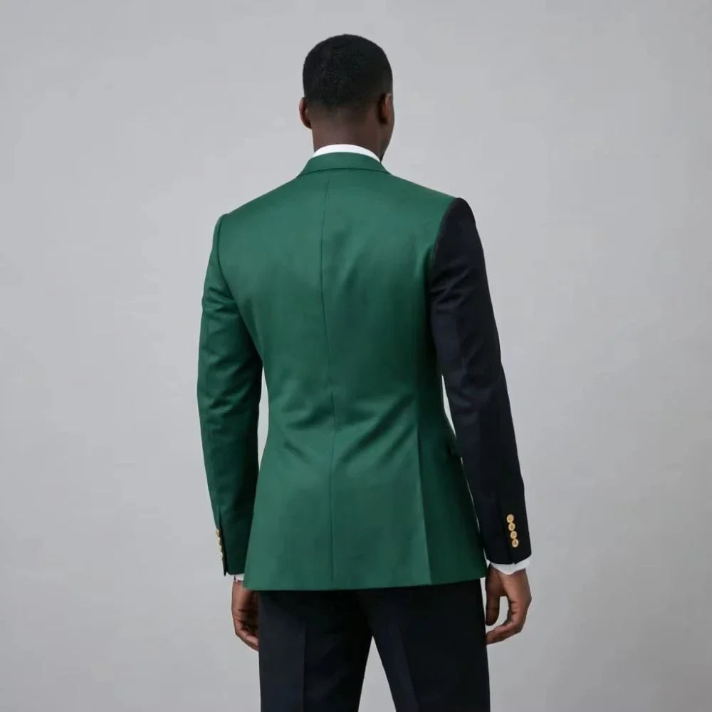 Costume Homme Vert Noir Contraste Couleurs Coupe Slim Double Boutonnage 2 Pièces Tuxedo Mariage Poches à Rabats Boutons de Manchette Tenue de Bureau