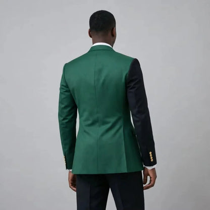 Costume Homme Vert Noir Contraste Couleurs Coupe Slim Double Boutonnage 2 Pièces Tuxedo Mariage Poches à Rabats Boutons de Manchette Tenue de Bureau
